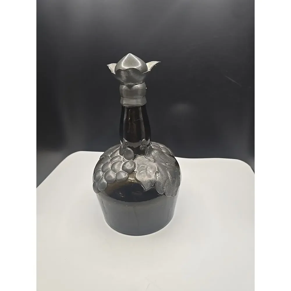 Amber Glass Round Decanter /silver plated Grapes Overlay w Stopper Danish Silver